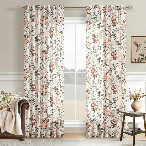 Vista 32 de Cortinas de lino de pájaro floral azul 2 paneles de 72 pulgadas de largo Aqua Blue