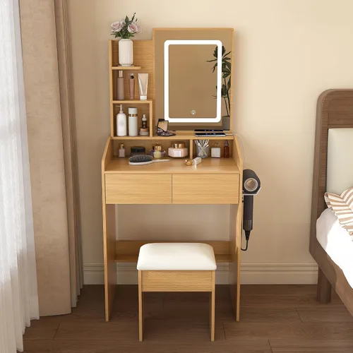 Vista 14 de Runboll Escritorio pequeño con espejo y luces, juego de mesa de tocador de maquillaje con toma de corriente, almacenamiento de cajones, taburete