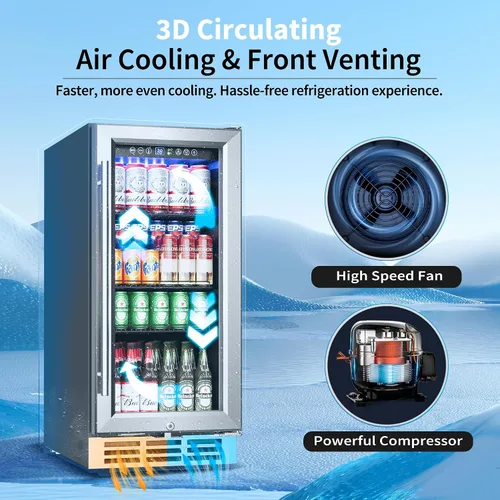 Vista 4 de Feelfunn Refrigerador de bebidas de 15 pulgadas bajo mostrador – Refrigerador de bebidas de 126 latas con puerta de vidrio para cerveza, vino y soda