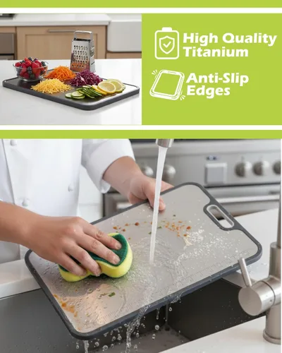 Vista 3 de Tabla de cortar de titanio para cocina: regla de medición integrada, tabla de cortar de metal grande de doble cara, tabla de cortar apta