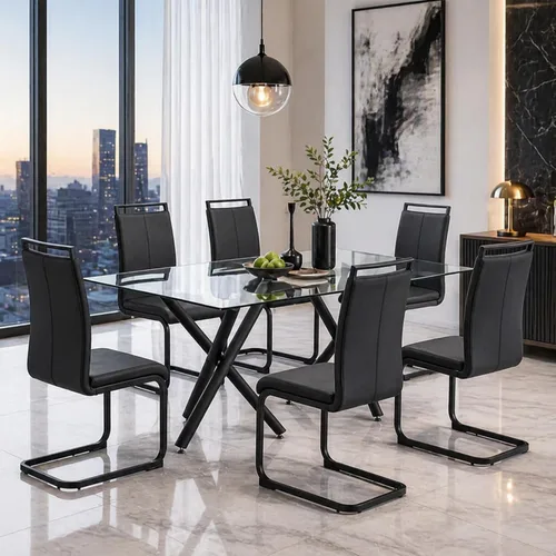 Vista 9 de Ebullient - Mesa de comedor de cristal de 71 pulgadas, moderna mesa rectangular de cocina para 8, mesa de vidrio transparente y patas de metal