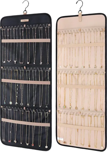 Vista 13 de BAGSMART Organizador de joyas colgante con rollo de almacenamiento y ganchos metálicos de doble cara para aretes, collares, anillos en armario, Negro