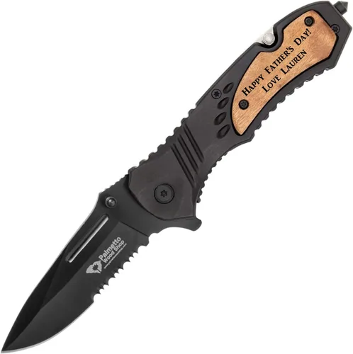 Vista 3 de Cuchillo de Bolsillo Palmetto Wood Shop - Regalos Grabados con Láser para Hombres, Cuchillo Personalizado para Caza, Acampada, Uso Diario - Cuchilla