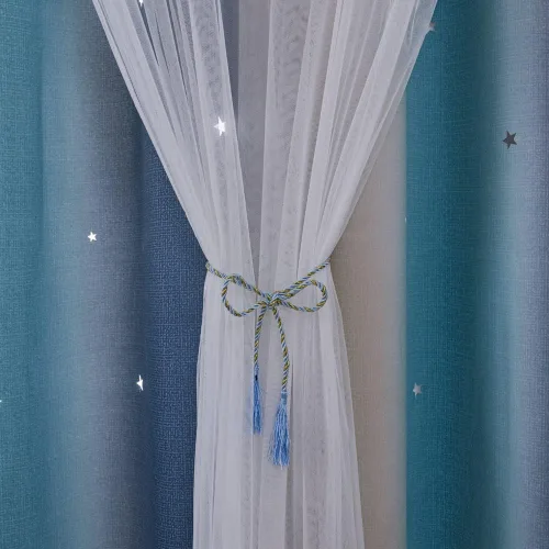 Vista 4 de FANLI Cortinas opacas de arcoíris degradado para dormitorio de niños y niñas, sala de estar, rayas oscuras, doble capa, corte de estrellas