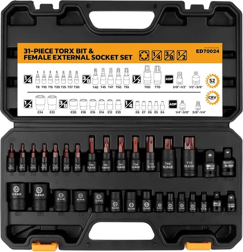 Vista 9 de Juego de llaves de vaso E-Torx invertidas de 17 piezas, acero Cr-V de impacto prémium E4 - E24 Star hembra para llave de impacto 1/2 3/8 1/4 Kit