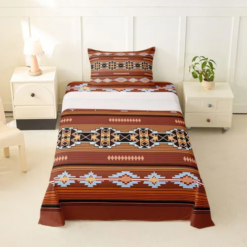 Vista 74 de Juego de sábanas occidentales tamaño individual, sábana bajera azteca, estilo nórdico exótico, bohemio, diseño de tribu india, geometría étnica