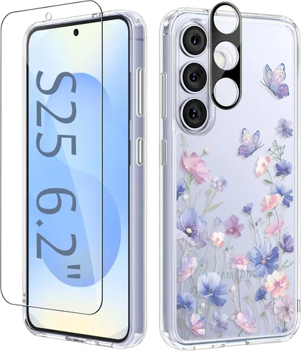 Vista 84 de GVIEWIN Funda protectora para Samsung Galaxy S25, transparente floral, delgada, a prueba de golpes, para mujer, no se pone amarilla, con protector