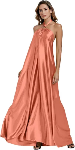 Vista 5 de LYANER Vestido largo sin mangas con anillo de satén para mujer, sin espalda, holgado, con vuelo