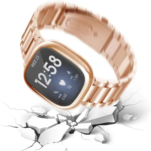 Vista 4 de Maxjoy Compatible con Fitbit Sense/Versa 3 bandas, Versa3 correa de metal grande de acero inoxidable con funda protectora para hombres y mujeres