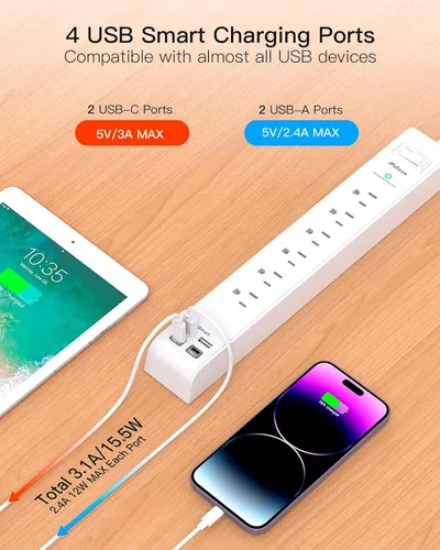 Vista 4 de Paquete de 2 regletas protectoras de sobretensión, 6 tomas, 4 puertos de carga USB, cable de extensión trenzado de 5 pies, enchufe plano, protección