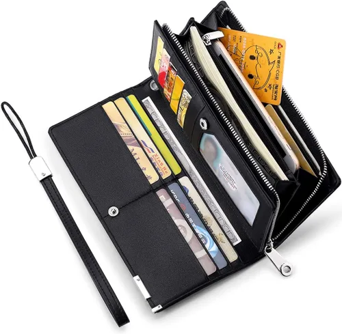 Vista 8 de Huztencor Billeteras largas para hombre de cuero RFID bloqueo billetera plegable con cremallera