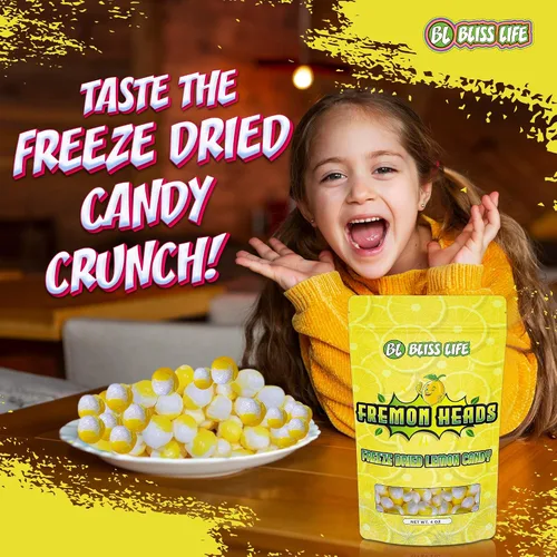 Vista 6 de Fremon Heads - Caramelo de fruta de limón liofilizado de TikTok, Dulces Crujientes ASMR, aperitivos agridulces para niños, aperitivo novedoso único