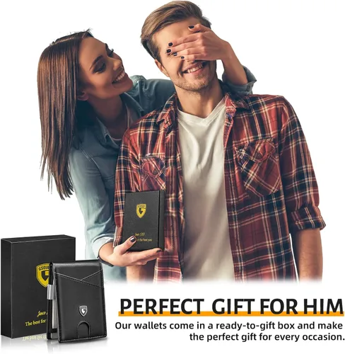 Vista 73 de GSOIAX Cartera delgada de cuero plegable RFID para hombre, billetera minimalista con bolsillo frontal con clip para dinero, 12 ranuras para Negro