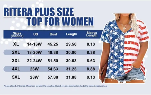 Vista 2 de RITERA Camiseta patriótica de talla grande con la bandera estadounidense para mujer, túnica de gran tamaño, bloque de color, cuello en V, camiseta
