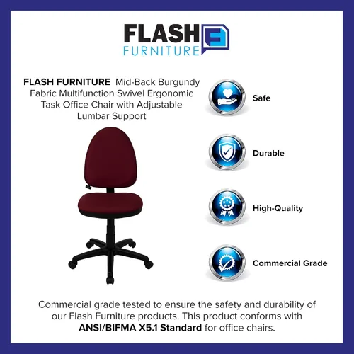 Vista 6 de Flash Furniture Silla de oficina ergonómica giratoria multifunción de tela burdeos con soporte lumbar ajustable Borgoña