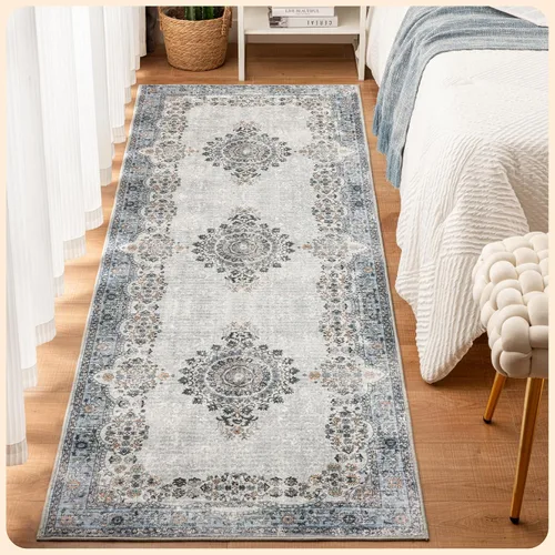 Vista 376 de Istana Alfombra larga antideslizante de 2.5 x 8 para el hogar, para pasillo y cocina, lavable, sedosa y suave al tacto, elegante, color azul y marfil