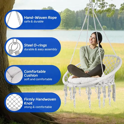 Vista 7 de Silla hamaca de macramé, silla colgante tejida a mano con cuerda de algodón de 330 libras de capacidad, hamaca con borlas de macramé para soporte