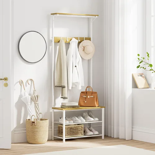 Vista 7 de Árbol de pasillo con banco y almacenamiento para zapatos, perchero para zapatos de 3 en 1, perchero de pie de madera independiente con marco