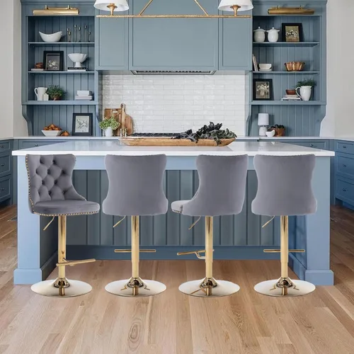 Vista 214 de SoarFlash Juego de 2 taburetes de bar tapizados de terciopelo moderno con patas de madera, botones acolchados, cabeza de clavo cromada, asiento