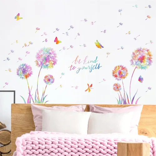Vista 2 de Calcomanías de pared grandes de diente de león, calcomanías de pared de flores coloridas, calcomanías de pared para despegar y pegar, calcomanías