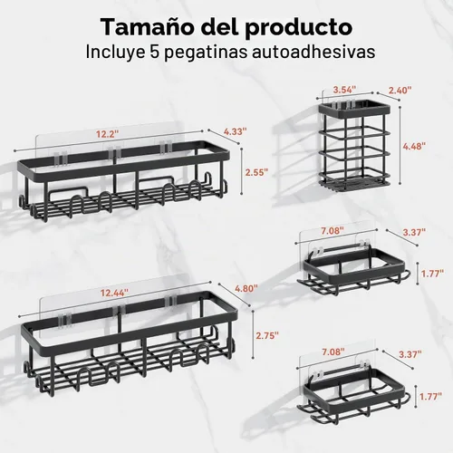 Vista 2 de YASONIC Shower Caddy Adhesive, Rustproof Shower Organizer, Wall Shower Rack Negro