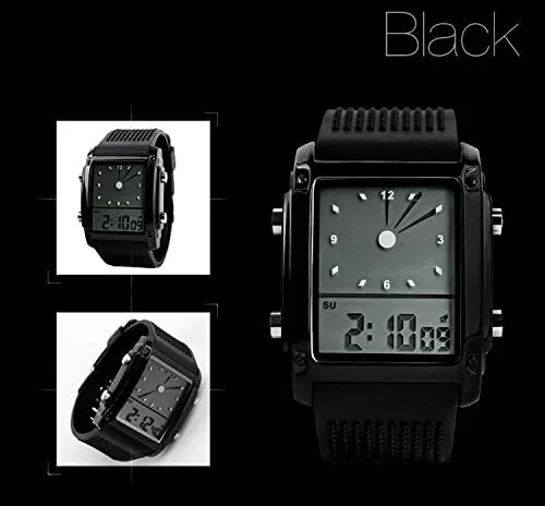 Vista 5 de FANMIS Reloj de pulsera digital analógico con esfera rectangular impermeable para hombre, con cinco retroiluminación LED, color negro, Negro