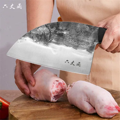 Vista 6 de Cuchillo de chef serbio de forja, cuchillos de corte de espiga completa de acero revestido de alto carbono Almasi Carnicero para cocina, al aire