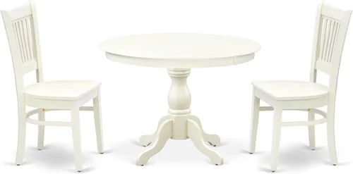 Vista 8 de East West Furniture El juego de 3 piezas Hartland contiene una mesa redonda de comedor con pedestal y 2 sillas tapizadas de tela de lino, 42 x 42