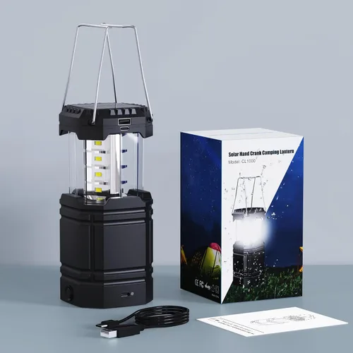 Vista 8 de Linterna solar de camping con manivela de mano de gran capacidad de 3000, linterna LED ultra brillante, portátil de 23 a 26 horas de tiempo de Negro
