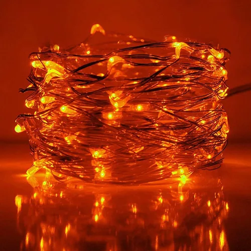 Vista 2 de RUICHEN Guirnalda de luces regulables enchufables de 33 pies, 100 luces LED de alambre plateado con control remoto, color naranja
