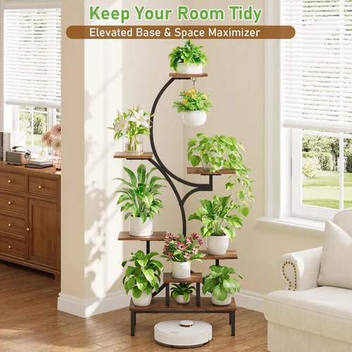 Vista 5 de Soporte para plantas de interior con luces de crecimiento, estante para plantas de interior de 7 niveles con base elevada y gancho para colgar