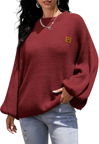 Vista 2 de ZAFUL - Suéter holgado y suelto para mujer, con cuello redondo, manga farol, de punto grueso