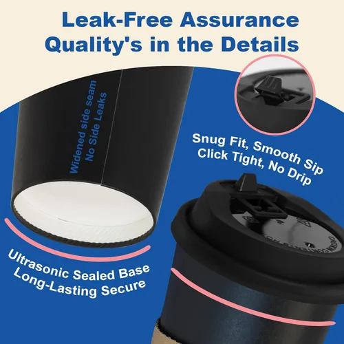 Vista 4 de Paquete de 50 Tazas de Café de 16 oz con Tapas y Fundas, Pajitas, Vasos de Papel Desechables Calientes Para Llevar de Viaje a Granel para Oficina