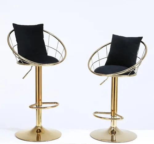 Vista 4 de Taburete de bar de terciopelo ajustable, juego de 2, taburete de bar altura de mostrador con diseño de rejilla trasera, base dorada, almohada