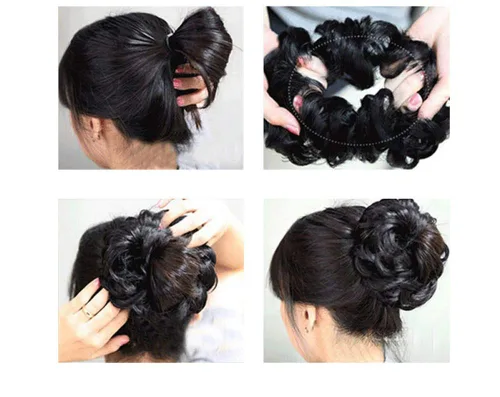 Vista 3 de Extensiones de moño sintético rizado y desordenado para mujer, color marrón y negro