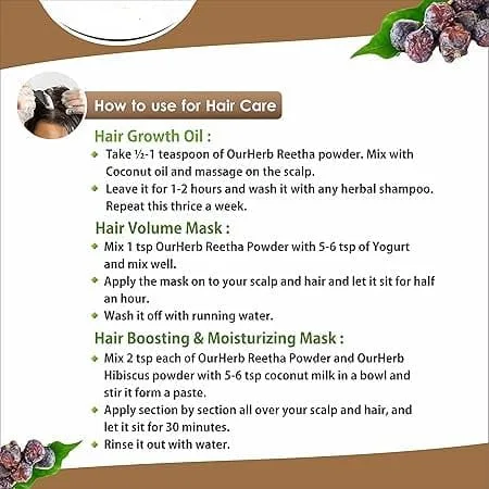 Vista 2 de Reetha puro y natural (Aritha, nuez de jabón) en polvo para el cuidado del cabello con cuchara de madera - 7.05 oz