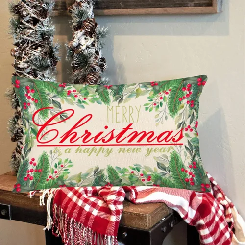 Vista 4 de Fundas de almohada de cintura de 12 x 20 pulgadas, fundas de almohada de muérdago de eucalipto rojo y verde, fundas de almohada de lino de algodón