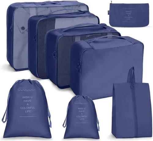 Vista 7 de Paquete de 8 cubos de embalaje para maletas, bolsas de almacenamiento de viaje, cubos de embalaje (azul marino)