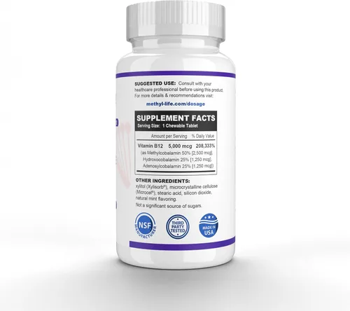 Vista 2 de Methyl-Life® B12 Complete – 5000 mcg de metilcobalamina + hidroxi B12 + adenosilcobalamina Vegano, sin OMG, sin gluten 90 tabletas masticables