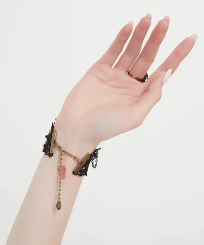 Vista 5 de Pulsera gótica de encaje con anillo de dedo, pulsera esclava de flores rosas, arnés de fiesta Lolita Costome, cadena de mano para mujeres, novias