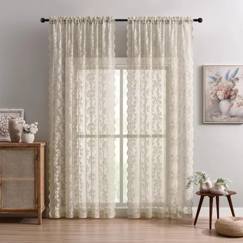 Vista 40 de Cortinas de encaje floral victoriano transparentes - 45 pulgadas de largo, 2 paneles, bolsillo para barra de cocina estilo cafetería, filtro de luz