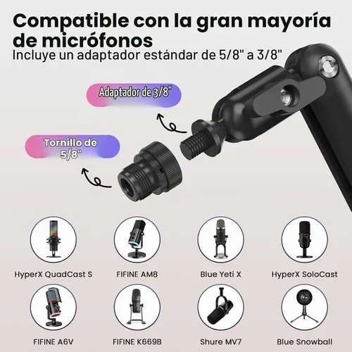 Vista 2 de Brazo de micrófono ajustable para micrófonos ligeros, soporte de escritorio giratorio de 30 pulgadas con gestión de cables y hilos de 3/8 pulgadas