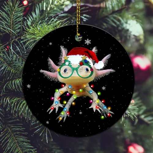 Vista 7 de Hyturtle Adorno de Navidad para los amantes de los ajolotes – Ajolote con sombrero, adorno de cerámica de Navidad – Lindo regalo para amantes
