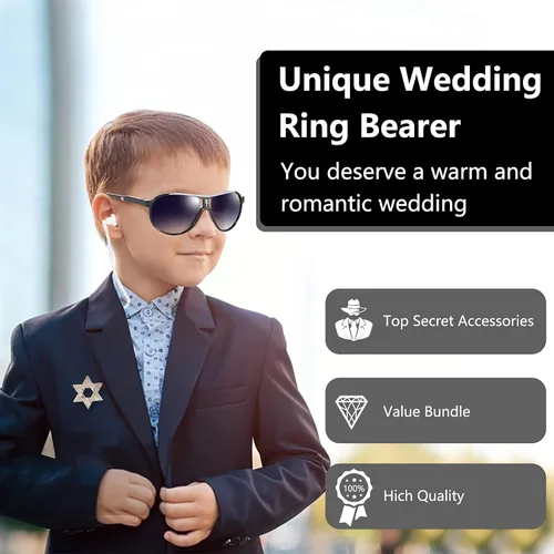 Vista 5 de Juego de regalo para portador de anillos de boda, caja de seguridad para anillos con oreja espía, insignia exclusiva, lentes de sol negros, tarjeta