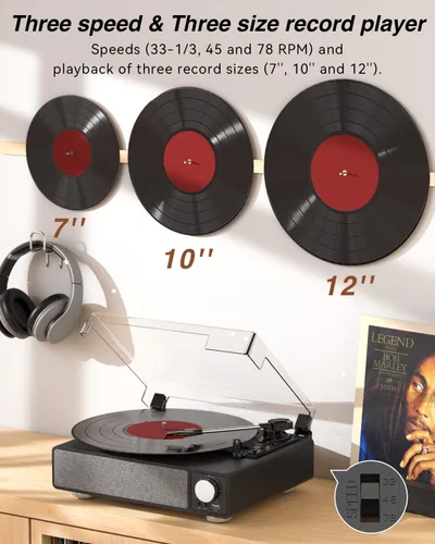Vista 5 de MONODEAL - Tocadiscos de vinilo con altavoces, tocadiscos de 3 velocidades para discos de vinilo con transmisor Bluetooth, parada automática, salida