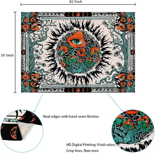 Vista 6 de Cohpoh Tapiz de sol de hongos (59.1 x 82.7 pulgadas) – Sol ardiente, hongos, ojos y vides – Colgante de pared para dormitorio, sala de estar, oficina