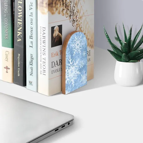 Vista 3 de Hermosos sujetalibros decorativos de madera con diseño de copos de nieve para estantes, habitación de los niños, oficina en casa, tapones de libros