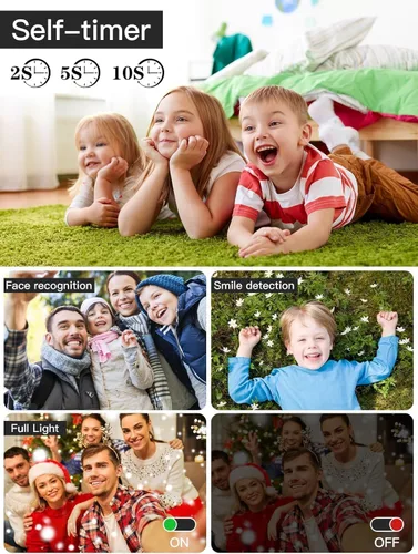 Vista 6 de Cámara digital mejorada, 56MP FHD 1080P para niños con zoom 16x anti-sacudida, tarjeta TF de 32GB, dos baterías, cordón, compacta pequeña para niños