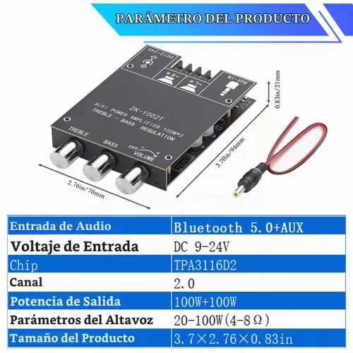Vista 7 de ZK-1002T Placa de amplificador Bluetooth de 200W 2.0 CH Amplificador de audio con control de agudos y graves Placa de amplificador de potencia HiFi