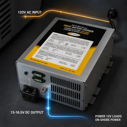 Vista 5 de Go Power GPC-45-MAX Convertidor/cargador de batería de 3 etapas de 45 amperios, diseño compacto, certificación UL, incluye enchufe macho de 15